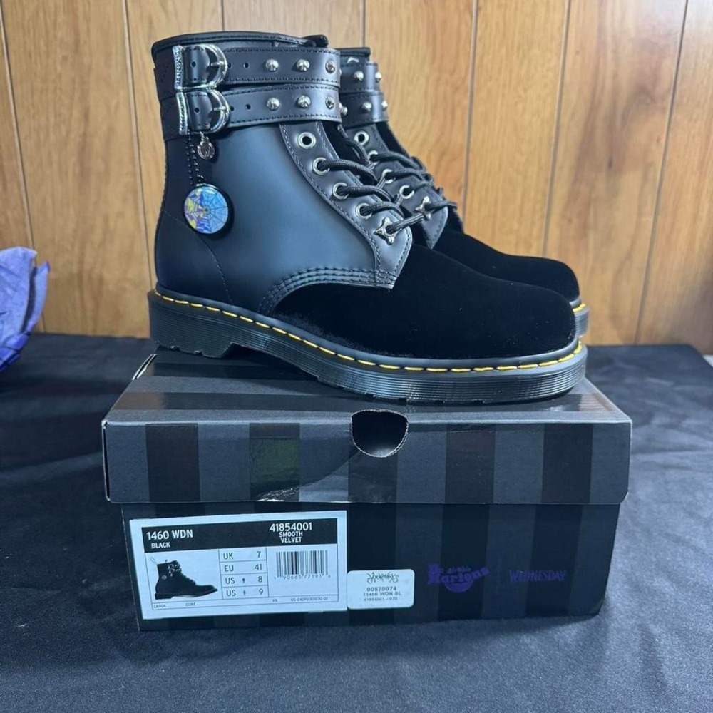 Wednesday Adams X Black and silver velvet Dr. Martens 1460 boots Womens‎  Size 9